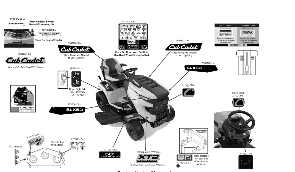 Label Map Diagram and Parts List for XT2-SLX50KH (13A5A2TLA10)(2023) Cub Cadet Lawn Tractor